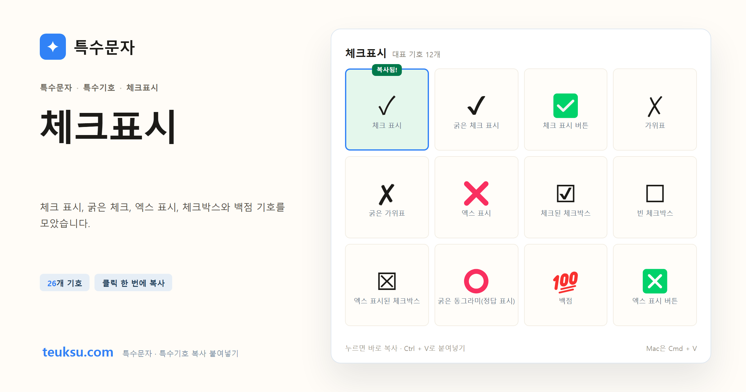 체크표시 대표 기호와 복사 예시 이미지