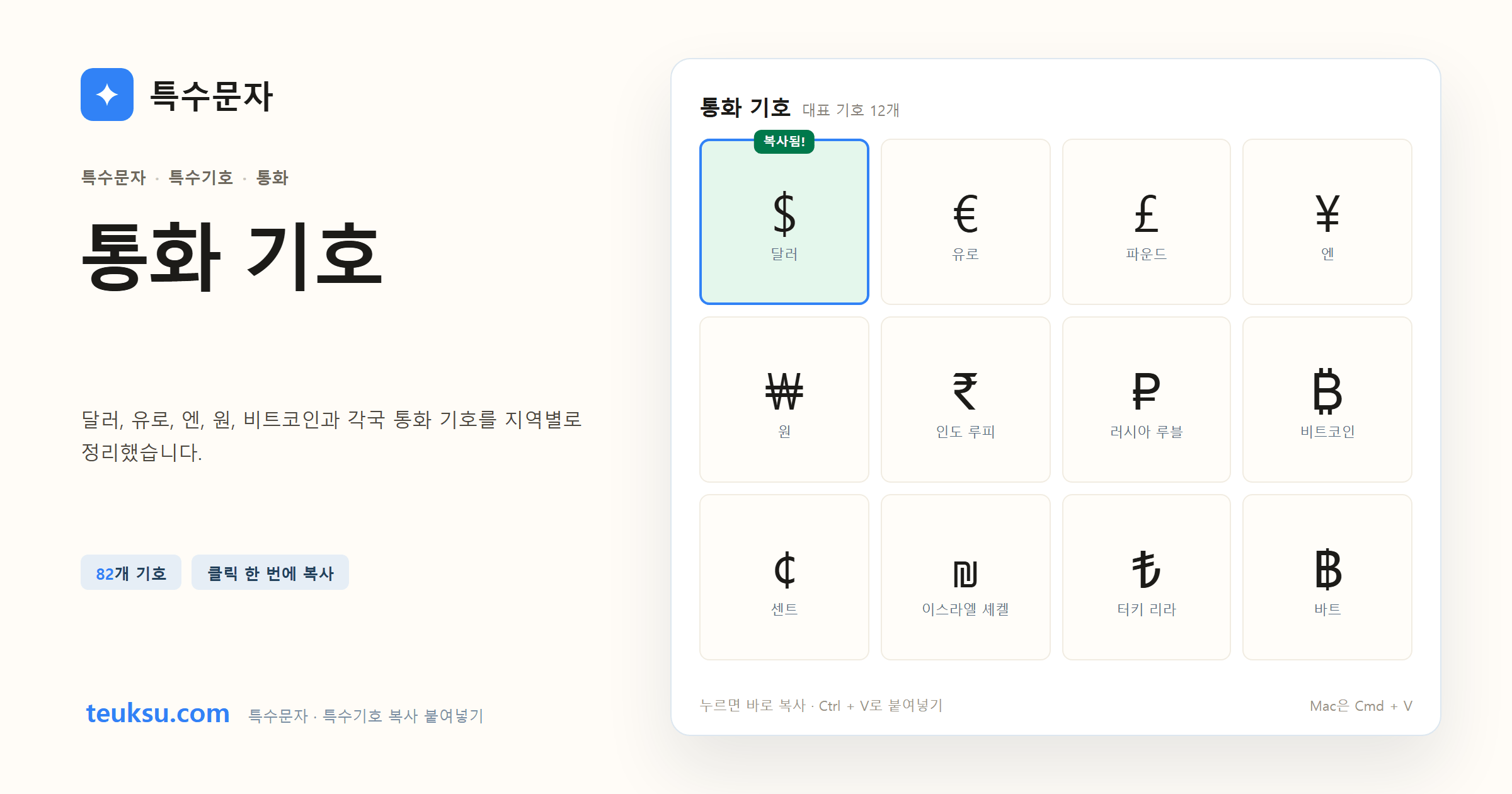 통화 기호 대표 기호와 복사 예시 이미지